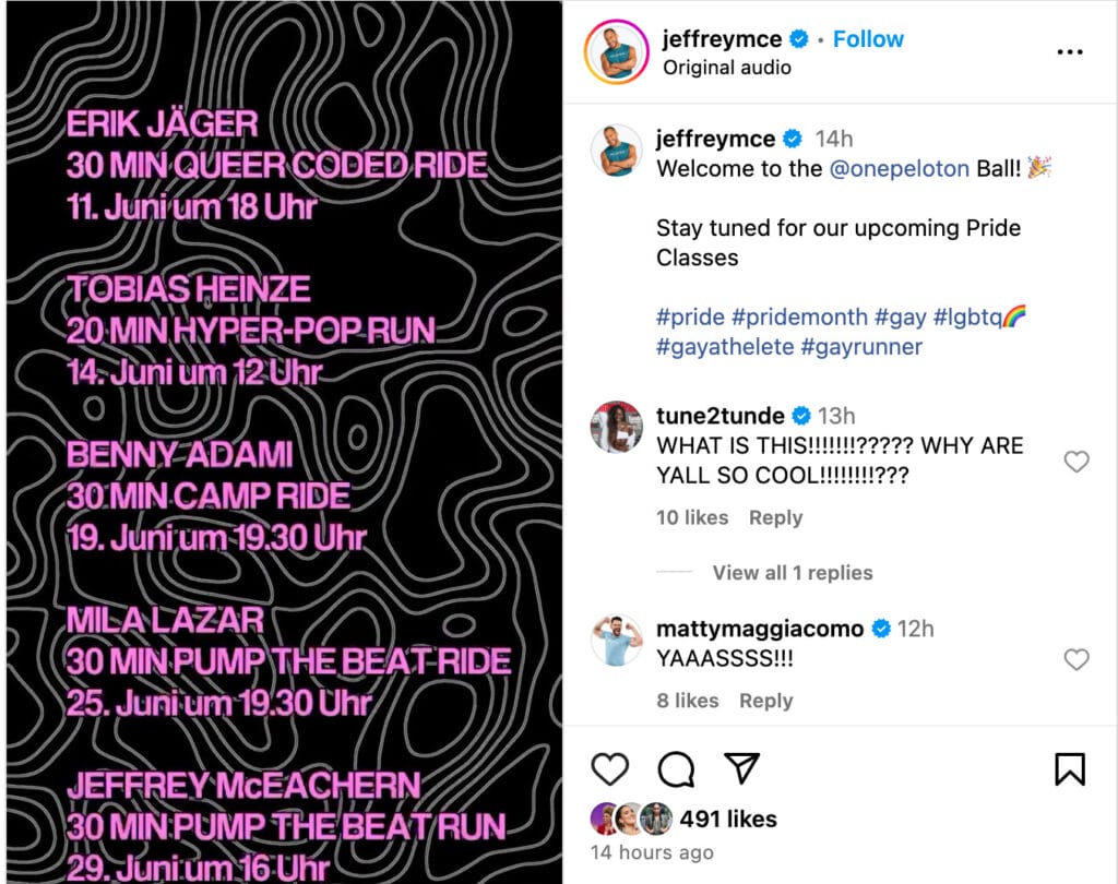 Jeffrey McEachern's Instagram Reel promoting 2024 Pride classes in German.